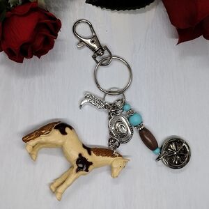 ⭐ Brown Beige Horse keychain with Turquoise blue & Silver Accents and Be…